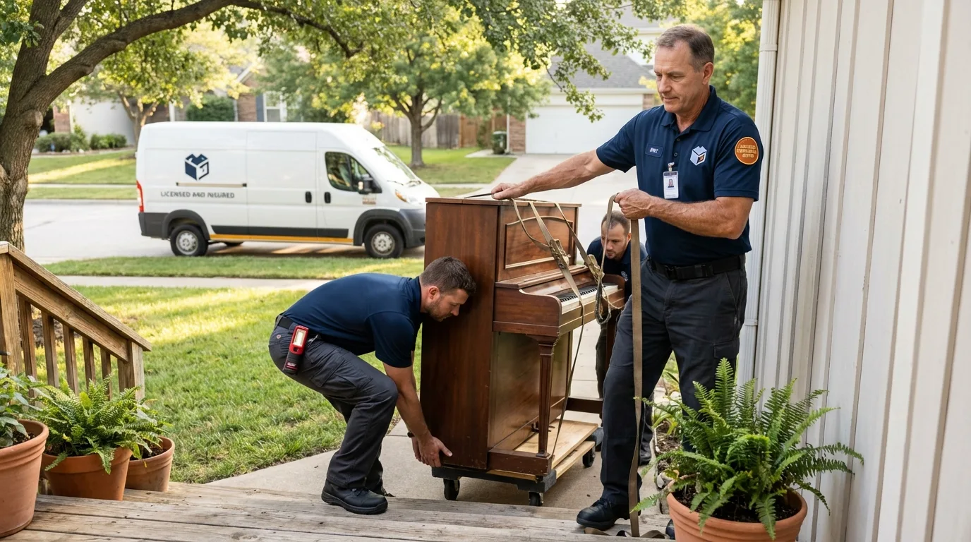 Licensed piano movers securing grand piano in Paducah, TX